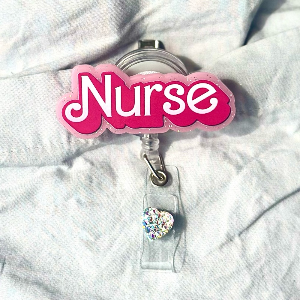 Pink Nurse Badge Reel with Heart Charm